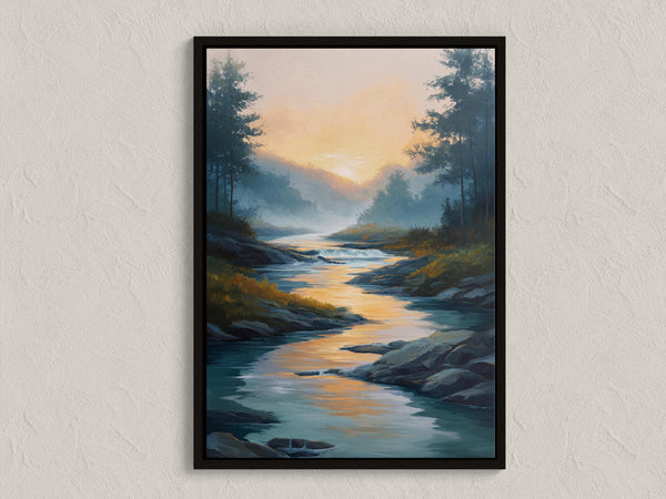 Canvas wall art of a sunrise over a misty river and forest. A calming watercolour-inspired print, ready to hang.
