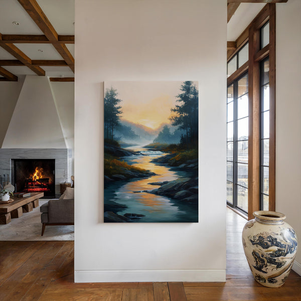 Canvas wall art of a sunrise over a misty river and forest. A calming watercolour-inspired print, ready to hang.