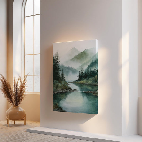 Canvas wall art of misty mountains and evergreens. A tranquil, calming landscape print for peaceful interiors. Ready to hang.
