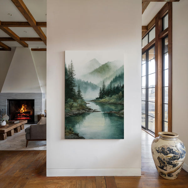 Canvas wall art of misty mountains and evergreens. A tranquil, calming landscape print for peaceful interiors. Ready to hang.