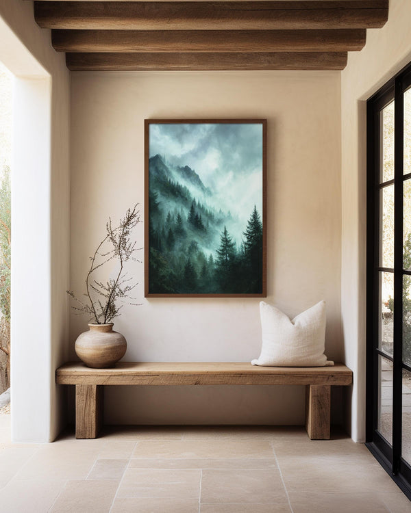 Canvas wall art of emerald and teal mountains with evergreens. A mystical, tranquil landscape print. Ready to hang.