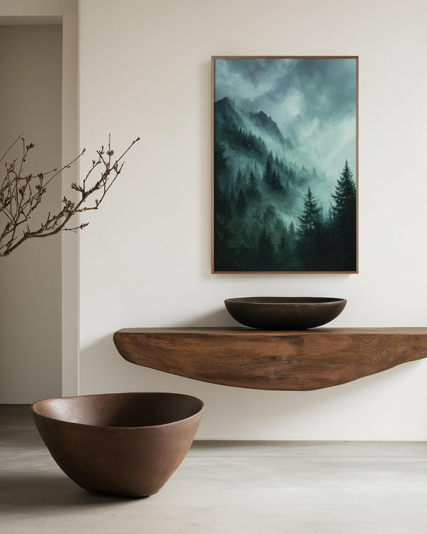 Canvas wall art of emerald and teal mountains with evergreens. A mystical, tranquil landscape print. Ready to hang.