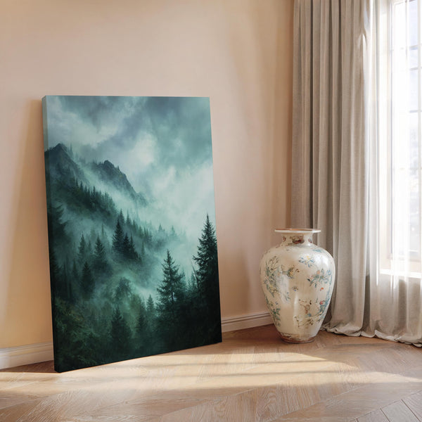 Canvas wall art of emerald and teal mountains with evergreens. A mystical, tranquil landscape print. Ready to hang.