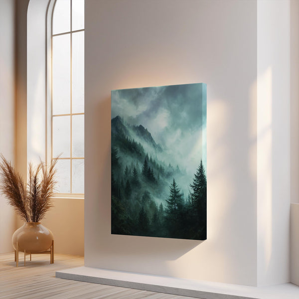 Canvas wall art of emerald and teal mountains with evergreens. A mystical, tranquil landscape print. Ready to hang.