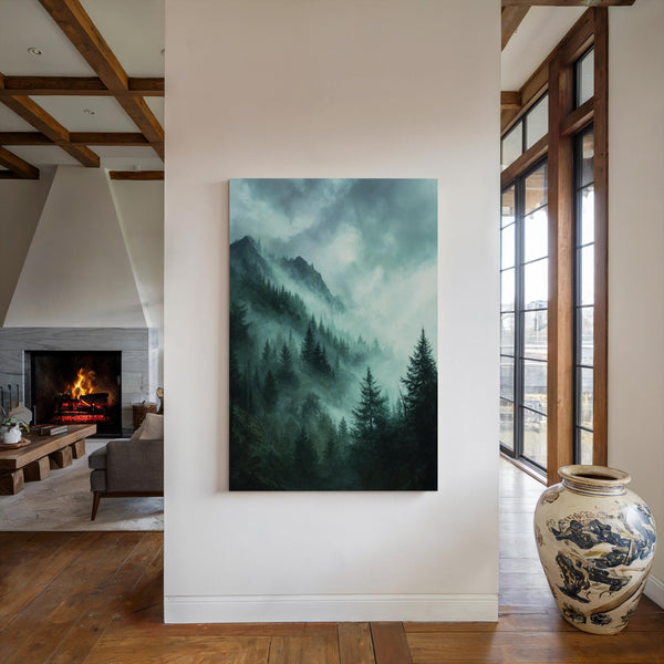 Canvas wall art of emerald and teal mountains with evergreens. A mystical, tranquil landscape print. Ready to hang.
