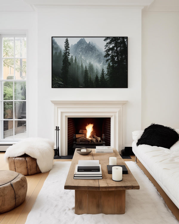 Canvas wall art of alpine evergreens and misty mountains. A tranquil landscape print that brings calm and nature indoors. Ready to hang.