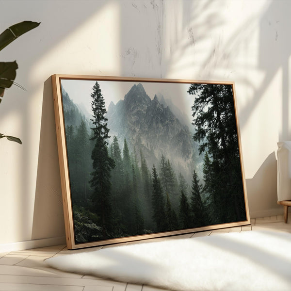 Canvas wall art of alpine evergreens and misty mountains. A tranquil landscape print that brings calm and nature indoors. Ready to hang.