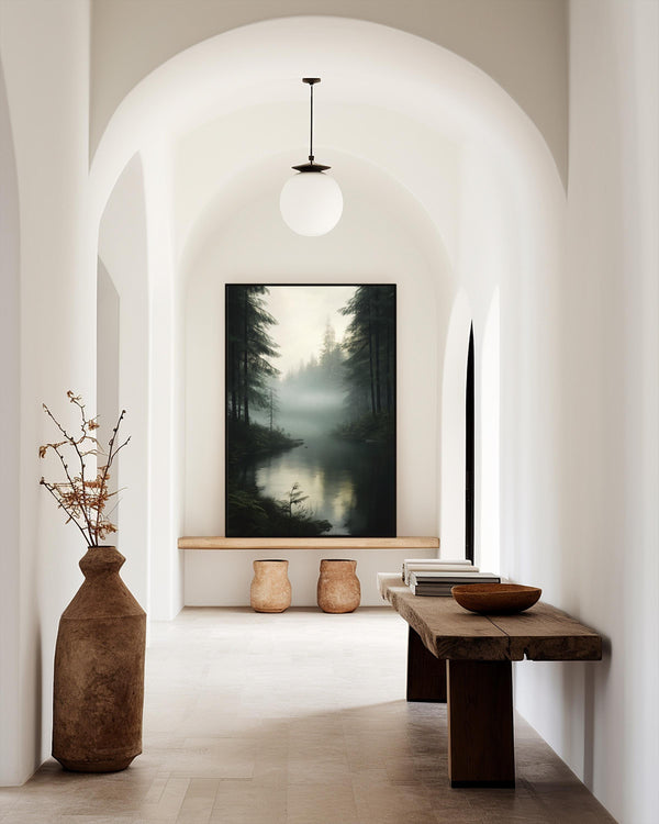 Canvas wall art of a forest with evergreens, river, and mist. A tranquil watercolour landscape print, ready to hang.