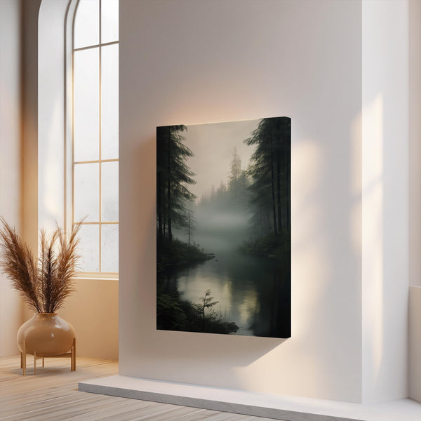Canvas wall art of a forest with evergreens, river, and mist. A tranquil watercolour landscape print, ready to hang.