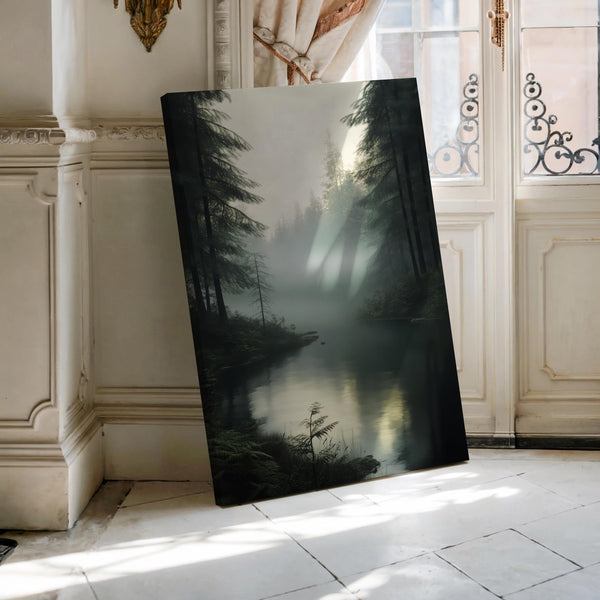 Canvas wall art of a forest with evergreens, river, and mist. A tranquil watercolour landscape print, ready to hang.