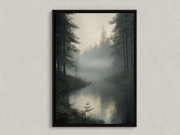 Canvas wall art of a forest with evergreens, river, and mist. A tranquil watercolour landscape print, ready to hang.