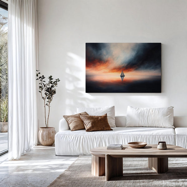 Canvas wall art of a sailboat at sunset with stormy skies. A dramatic ocean print balancing calm and intensity. Ready to hang.