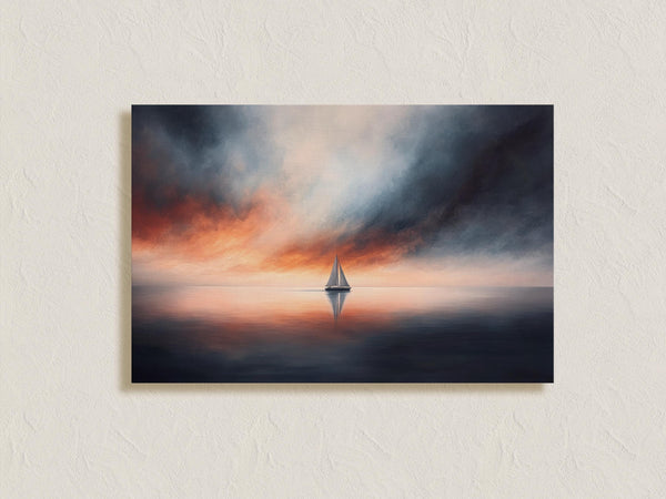 Canvas wall art of a sailboat at sunset with stormy skies. A dramatic ocean print balancing calm and intensity. Ready to hang.