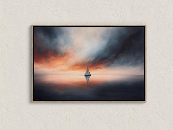Canvas wall art of a sailboat at sunset with stormy skies. A dramatic ocean print balancing calm and intensity. Ready to hang.