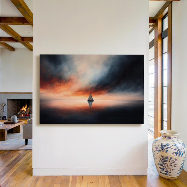 Canvas wall art of a sailboat at sunset with stormy skies. A dramatic ocean print balancing calm and intensity. Ready to hang.