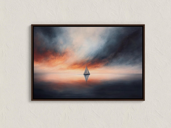 Canvas wall art of a sailboat at sunset with stormy skies. A dramatic ocean print balancing calm and intensity. Ready to hang.