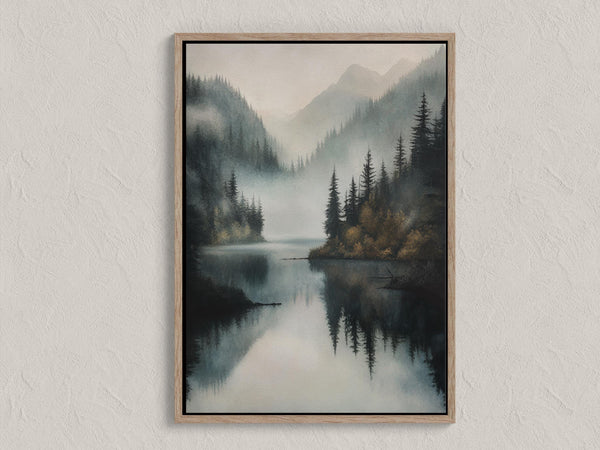 Canvas wall art of a misty lake with mountains and forest. Calming watercolour-inspired tones, ready to hang.