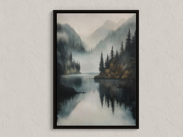 Canvas wall art of a misty lake with mountains and forest. Calming watercolour-inspired tones, ready to hang.
