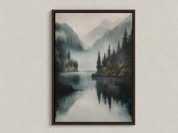 Canvas wall art of a misty lake with mountains and forest. Calming watercolour-inspired tones, ready to hang.