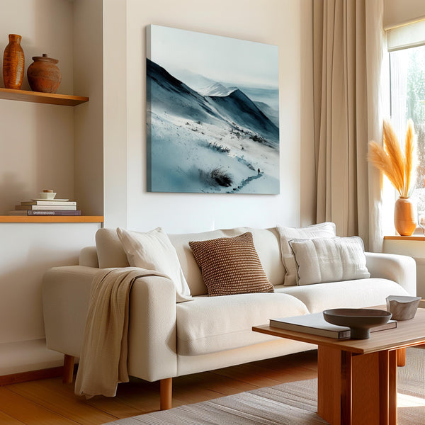 Canvas wall art of snow-covered mountains in soft watercolour tones. A calm, minimalist mountain print, ready to hang.