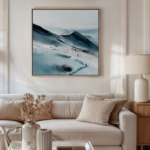 Canvas wall art of snow-covered mountains in soft watercolour tones. A calm, minimalist mountain print, ready to hang.