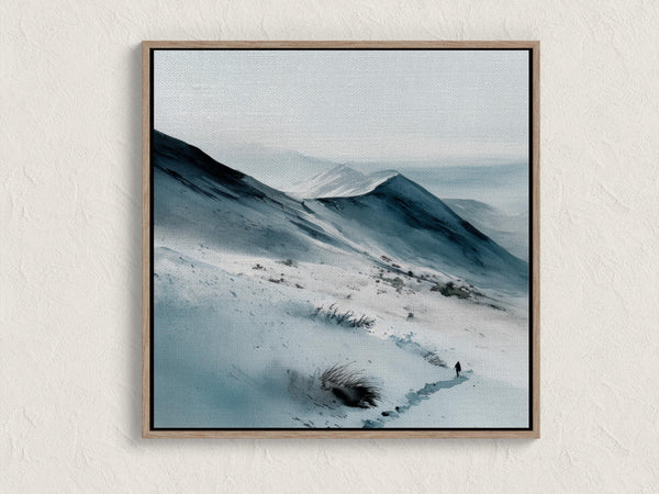 Canvas wall art of snow-covered mountains in soft watercolour tones. A calm, minimalist mountain print, ready to hang.