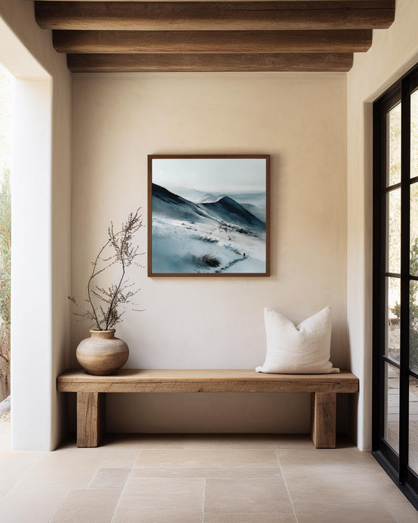Canvas wall art of snow-covered mountains in soft watercolour tones. A calm, minimalist mountain print, ready to hang.
