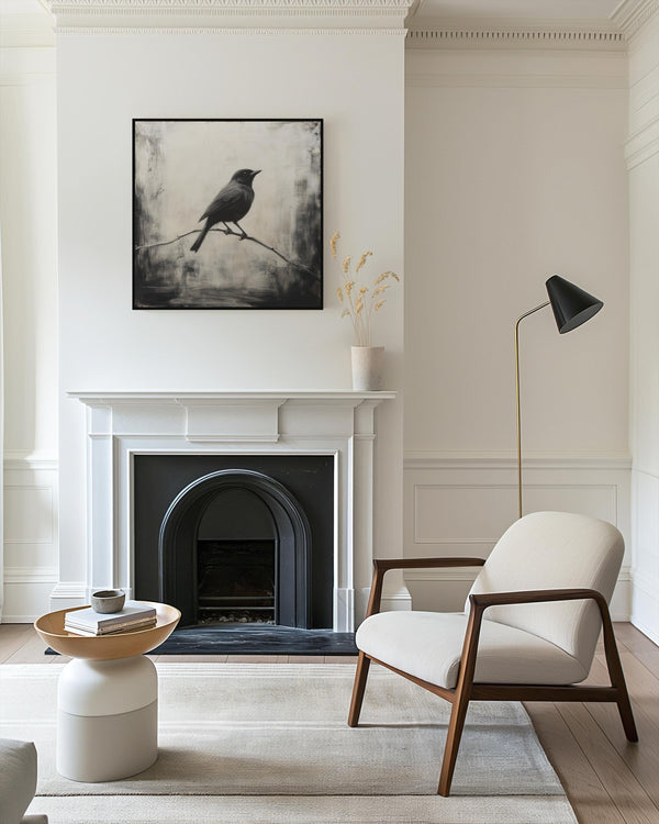 Canvas wall art of a solitary blackbird on a wintry branch. A peaceful monochrome bird print, ready to hang.