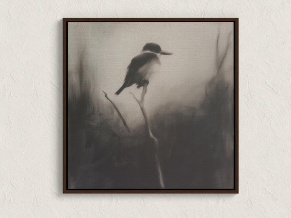 Canvas wall art of a solitary kingfisher on a branch. A monochrome charcoal bird print, framed or unframed. Ready to hang.