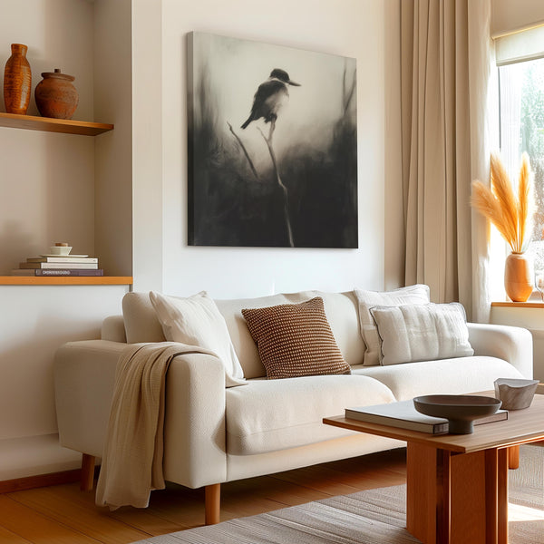 Canvas wall art of a solitary kingfisher on a branch. A monochrome charcoal bird print, framed or unframed. Ready to hang.