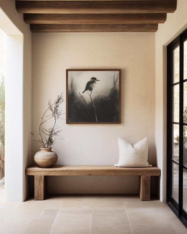 Canvas wall art of a solitary kingfisher on a branch. A monochrome charcoal bird print, framed or unframed. Ready to hang.