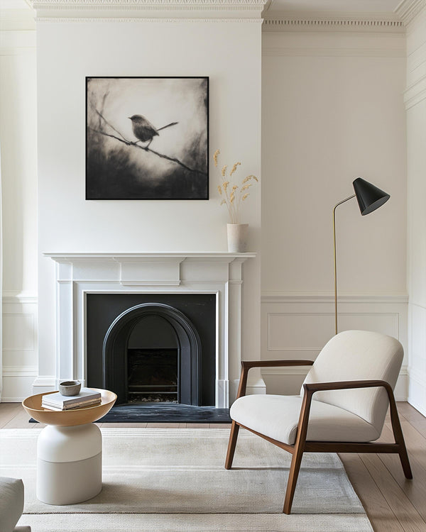 Canvas wall art of a solitary robin in black and white. A peaceful charcoal bird print, full of stillness. Ready to hang.