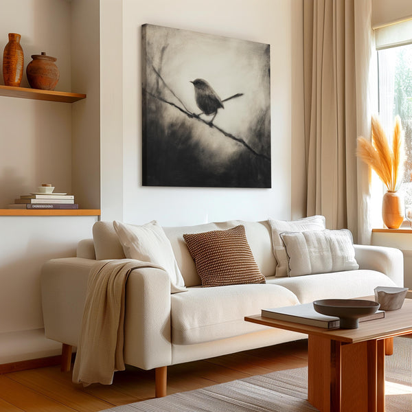 Canvas wall art of a solitary robin in black and white. A peaceful charcoal bird print, full of stillness. Ready to hang.