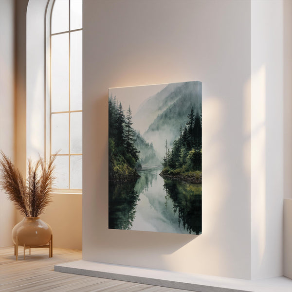 Canvas wall art of a misty mountain lake with evergreens. A tranquil watercolour-inspired landscape, ready to hang.
