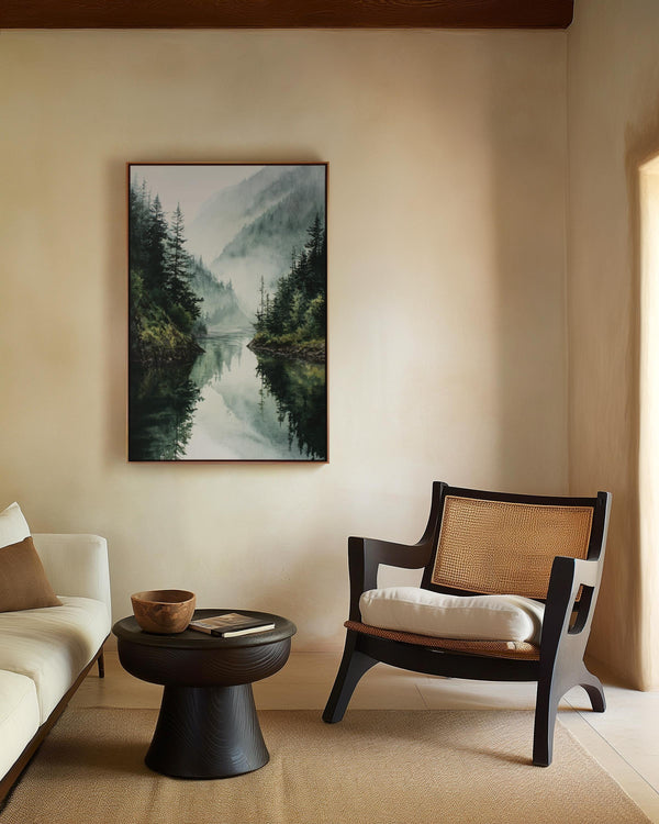 Canvas wall art of a misty mountain lake with evergreens. A tranquil watercolour-inspired landscape, ready to hang.