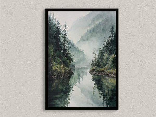 Canvas wall art of a misty mountain lake with evergreens. A tranquil watercolour-inspired landscape, ready to hang.