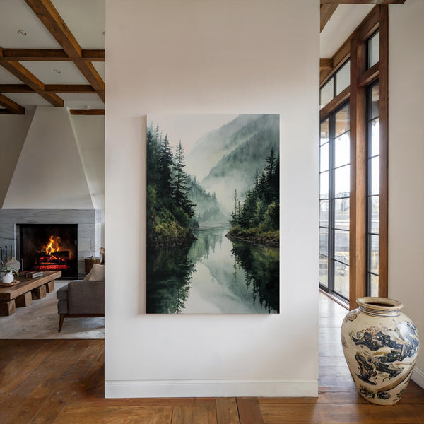 Canvas wall art of a misty mountain lake with evergreens. A tranquil watercolour-inspired landscape, ready to hang.