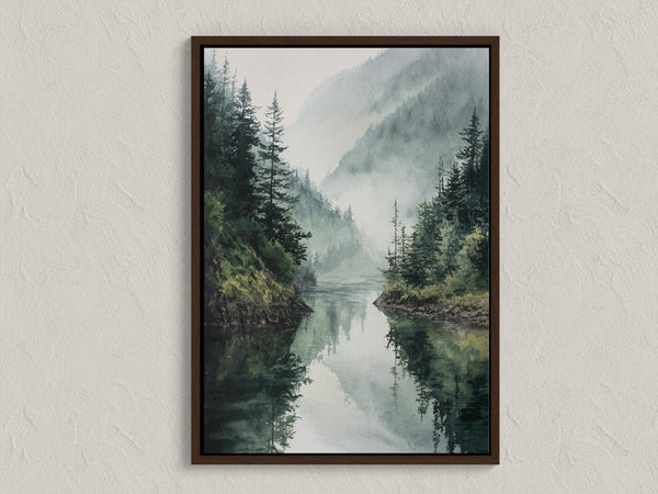 Canvas wall art of a misty mountain lake with evergreens. A tranquil watercolour-inspired landscape, ready to hang.