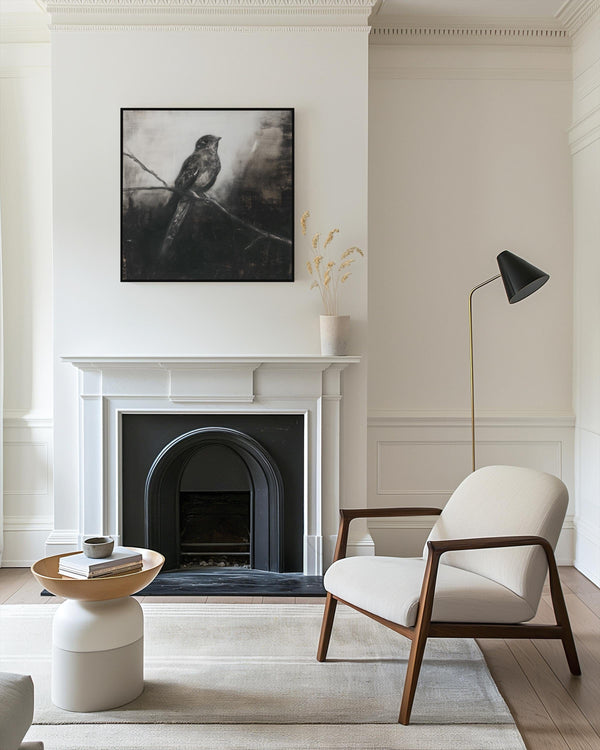 Canvas wall art of a solitary nightjar in monochrome. A contemplative charcoal bird print, ready to hang.