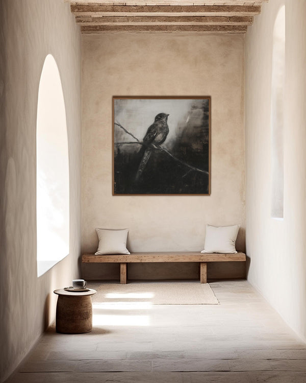 Canvas wall art of a solitary nightjar in monochrome. A contemplative charcoal bird print, ready to hang.