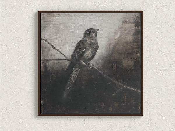 Canvas wall art of a solitary nightjar in monochrome. A contemplative charcoal bird print, ready to hang.