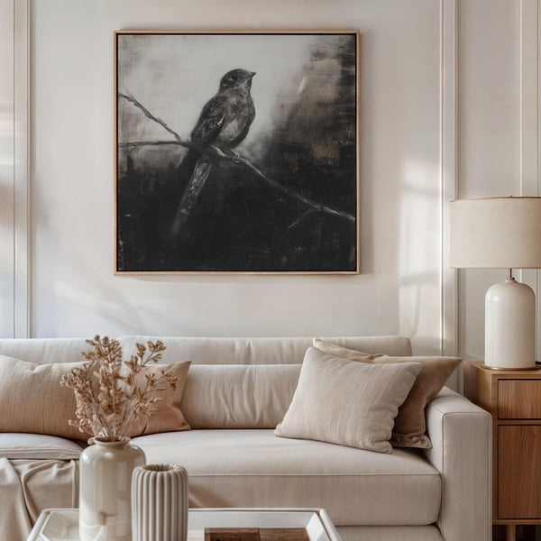 Canvas wall art of a solitary nightjar in monochrome. A contemplative charcoal bird print, ready to hang.
