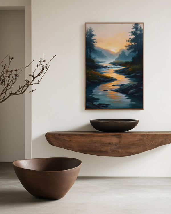 Canvas wall art of a sunrise over a misty river and forest. A calming watercolour-inspired print, ready to hang.