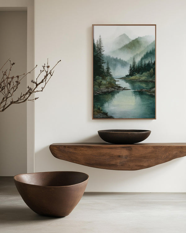 Canvas wall art of misty mountains and evergreens. A tranquil, calming landscape print for peaceful interiors. Ready to hang.