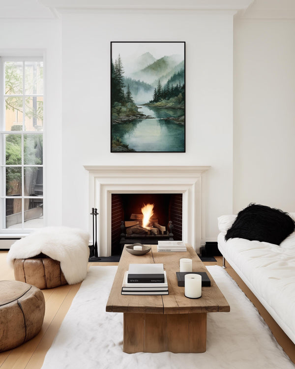 Canvas wall art of misty mountains and evergreens. A tranquil, calming landscape print for peaceful interiors. Ready to hang.