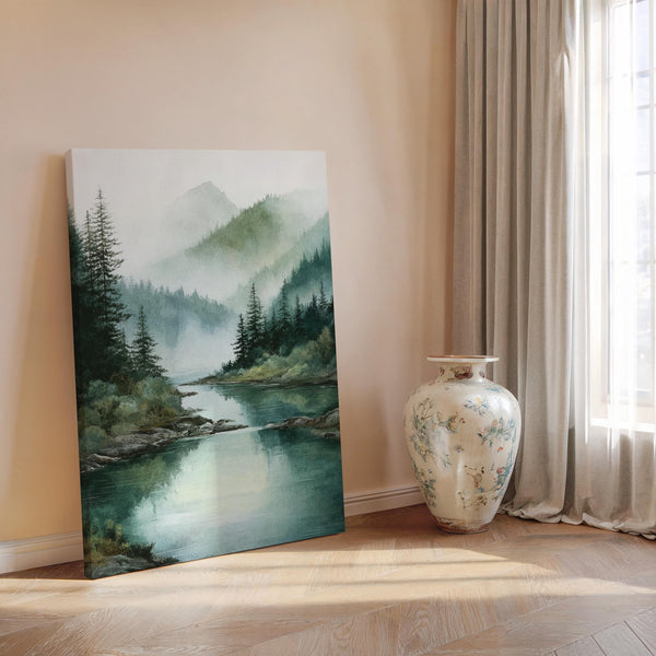 Canvas wall art of misty mountains and evergreens. A tranquil, calming landscape print for peaceful interiors. Ready to hang.