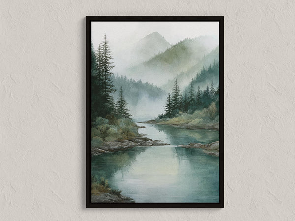 Canvas wall art of misty mountains and evergreens. A tranquil, calming landscape print for peaceful interiors. Ready to hang.