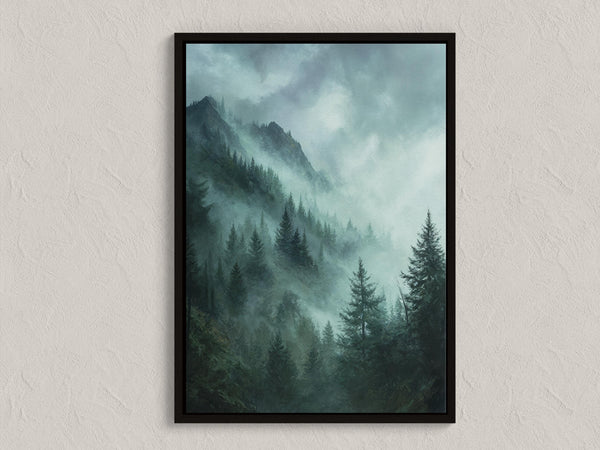 Canvas wall art of emerald and teal mountains with evergreens. A mystical, tranquil landscape print. Ready to hang.