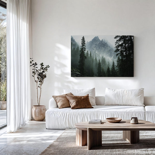 Canvas wall art of alpine evergreens and misty mountains. A tranquil landscape print that brings calm and nature indoors. Ready to hang.