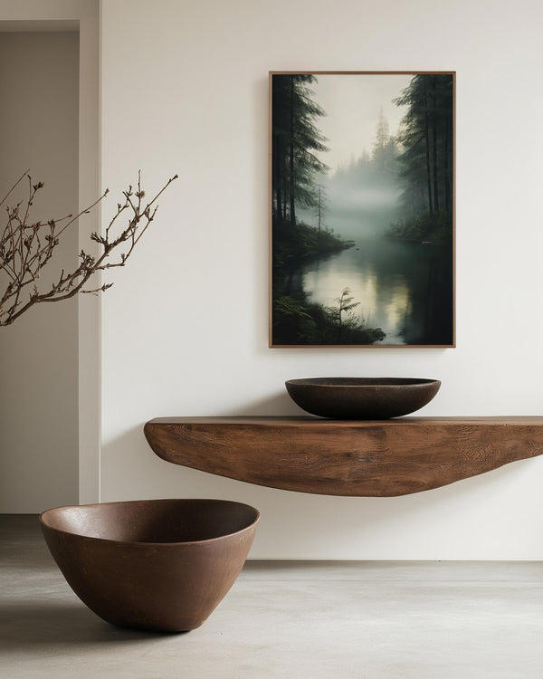 Canvas wall art of a forest with evergreens, river, and mist. A tranquil watercolour landscape print, ready to hang.